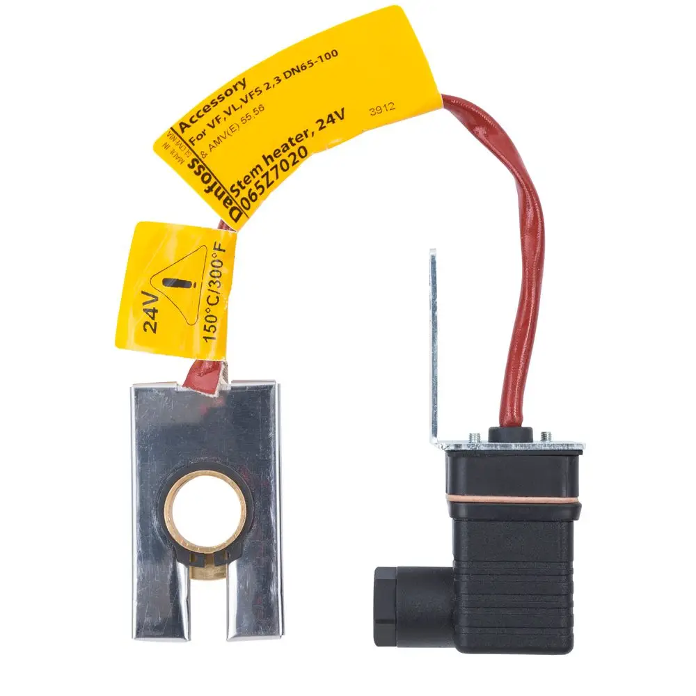 Danfoss Kegelstück mit elektrischer Heizpatrone und Anschlusskabel, zur Verwendung in Heizsystemen, mit Hinweis auf die Betriebsspannung von 24V.